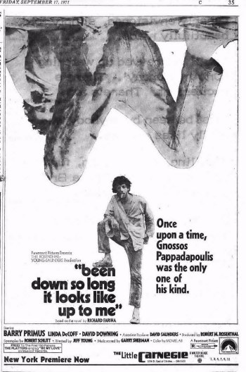 Been Down So Long, movie ad, NYT 17 Sept. 1971